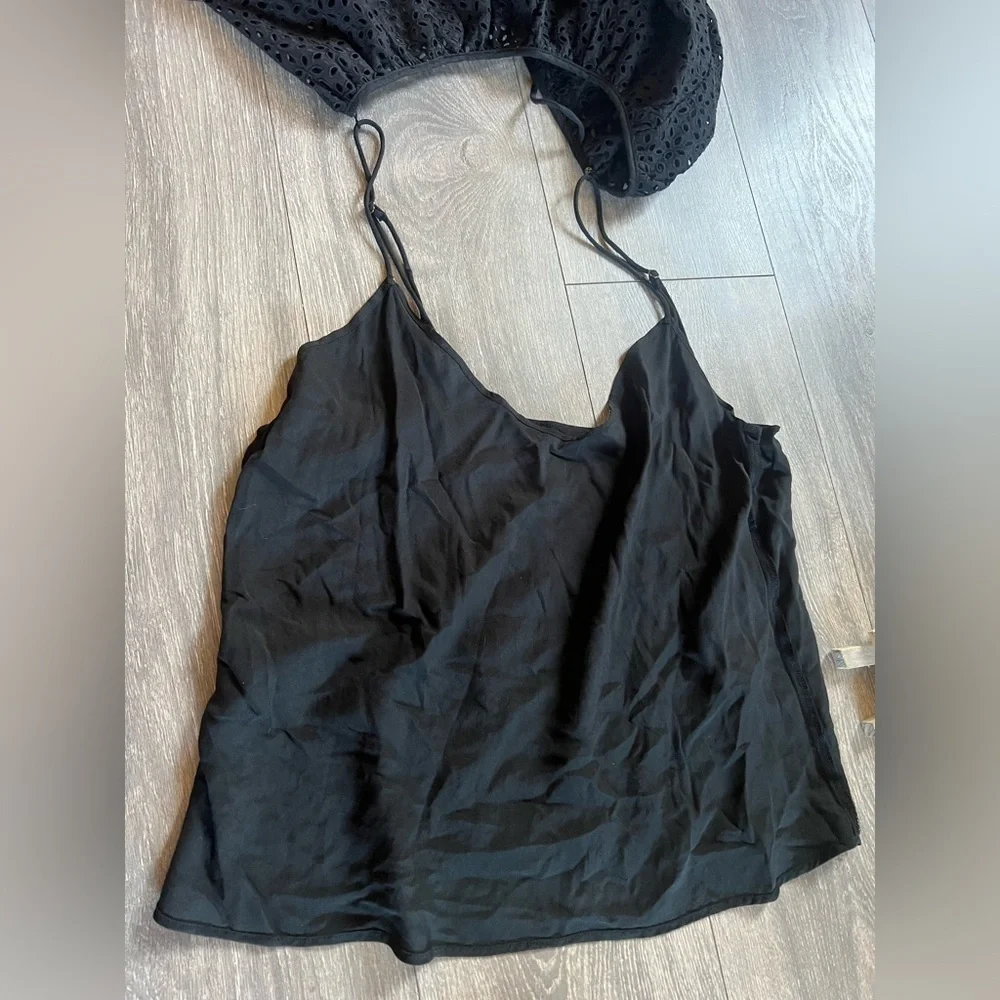 J. Crew V-Back Puff Sleeve Black Eyelet Top w Built In Tank. Size 12
